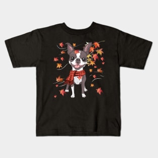 Maple Dog Leaf Fall Hello Autumn Funny Boston Terrier Lover Kids T-Shirt